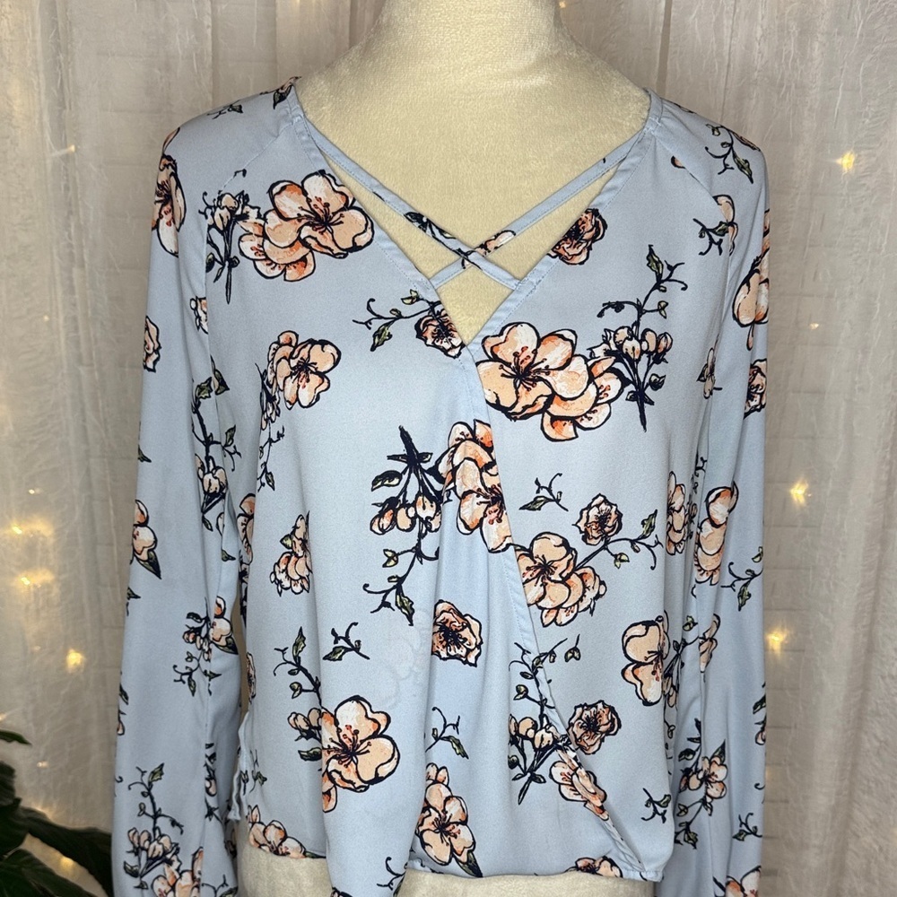 Elodie Light Blue Floral Blouse with Crisscross Neckline